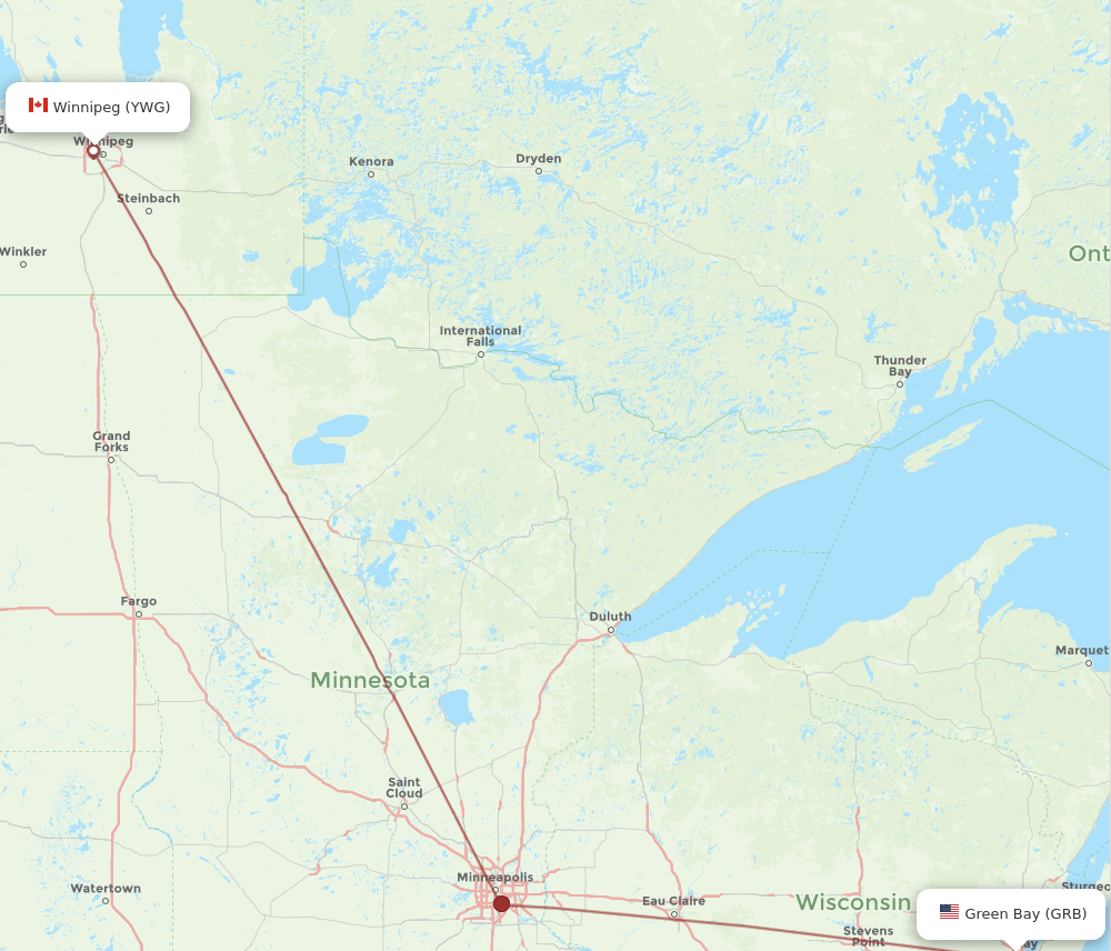 Winnipeg - Green Bay route map and flight paths