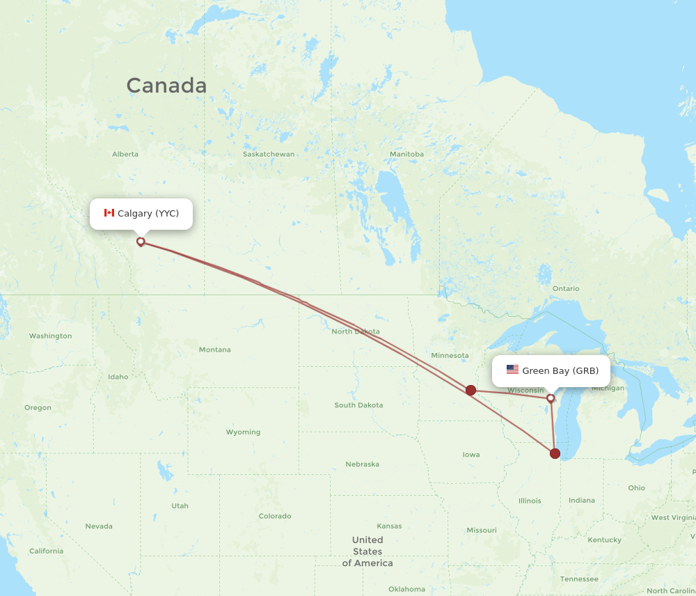 Calgary - Green Bay route map and flight paths