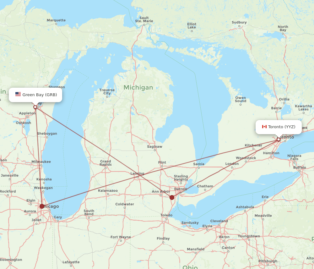 Toronto - Green Bay route map and flight paths