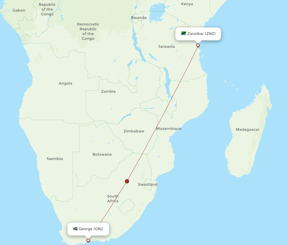 Zanzibar - George route map and flight paths