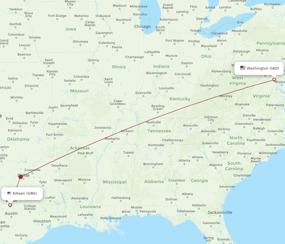 GRK to IAD flights and routes map