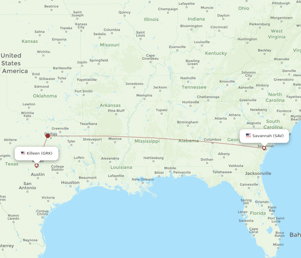 GRK to SAV flights and routes map