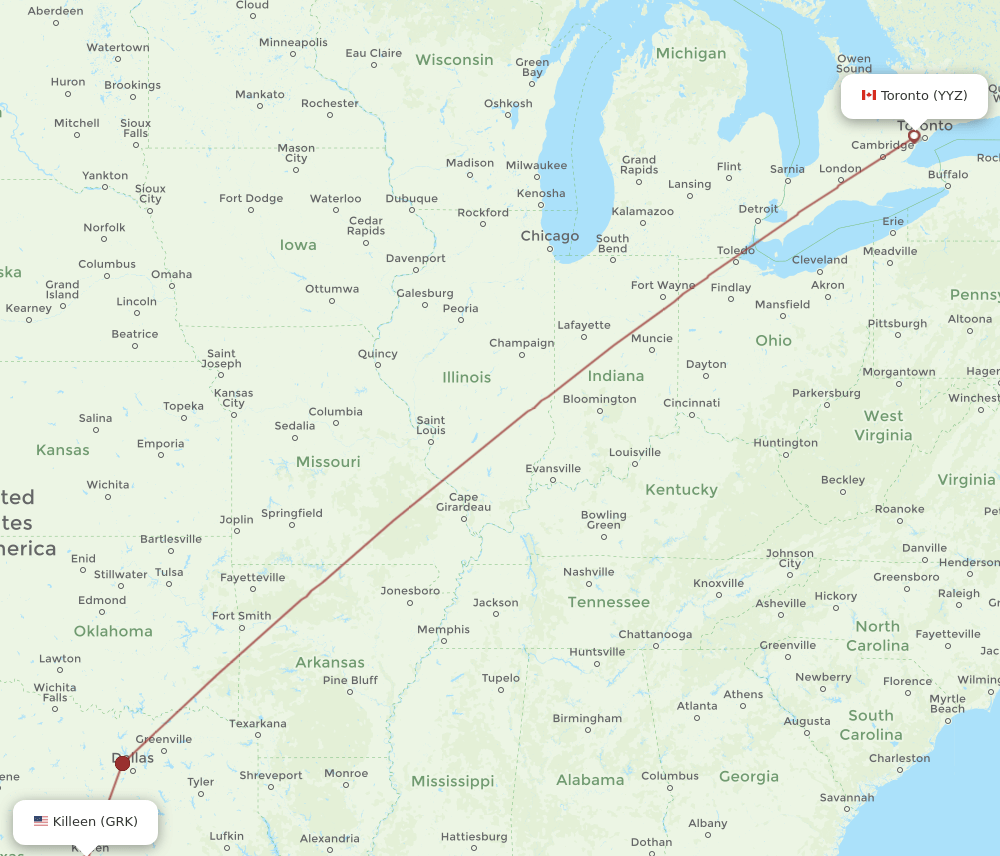 Toronto - Killeen route map and flight paths