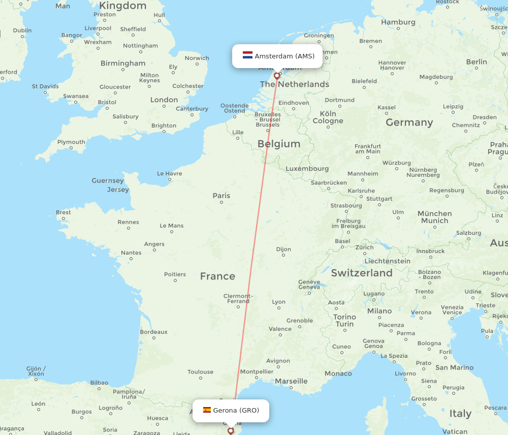 Girona - Amsterdam route map and flight paths
