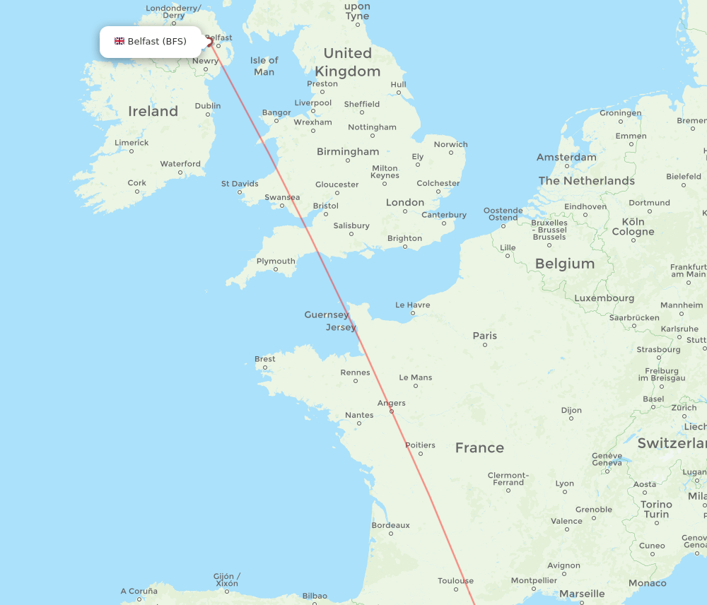 Girona - Belfast route map and flight paths