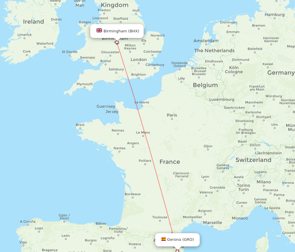 Girona - Birmingham route map and flight paths