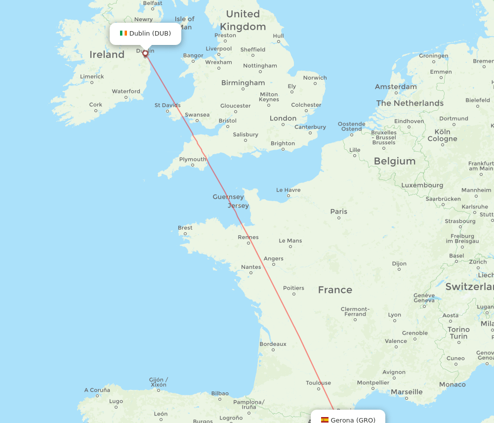 Girona - Dublin route map and flight paths