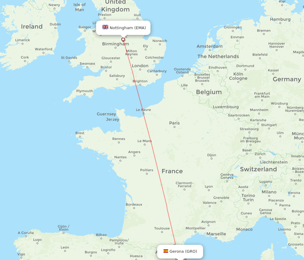GRO to EMA flights and routes map