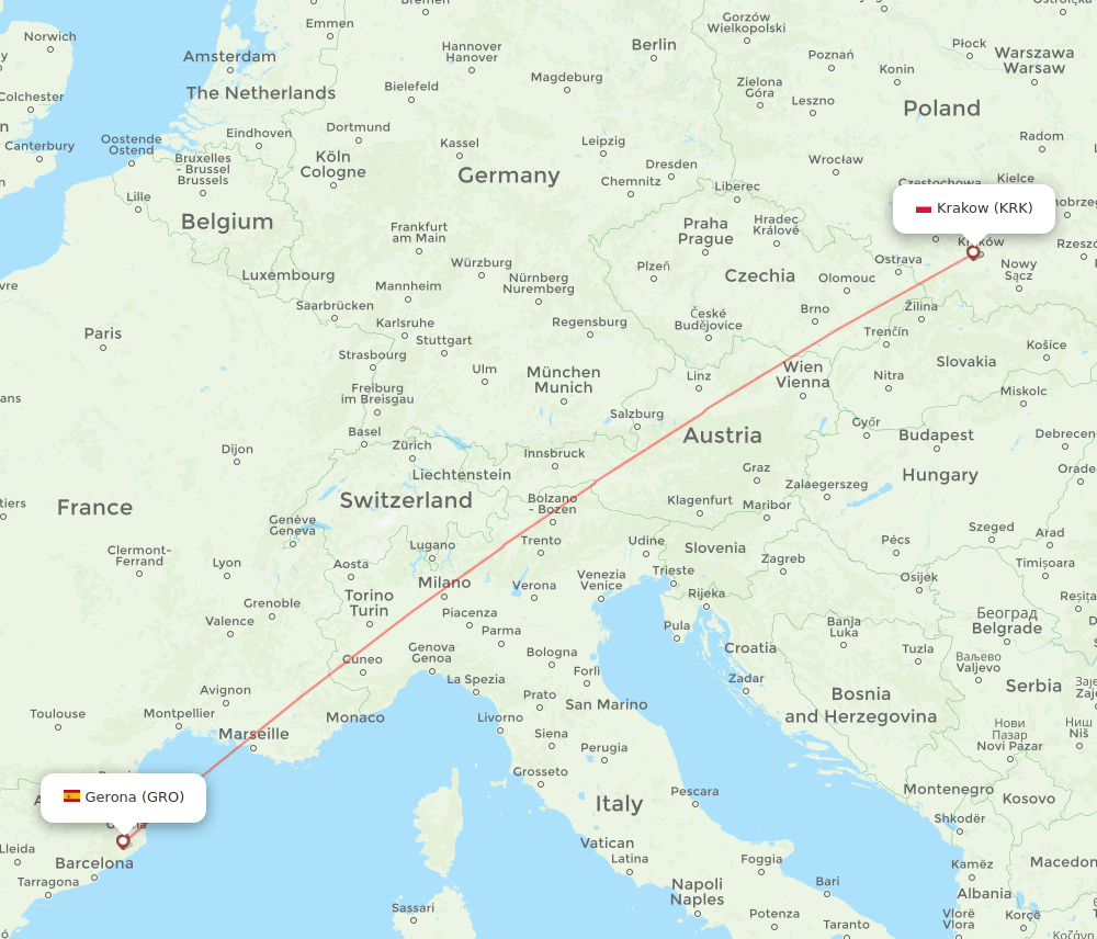 Girona - Krakow route map and flight paths