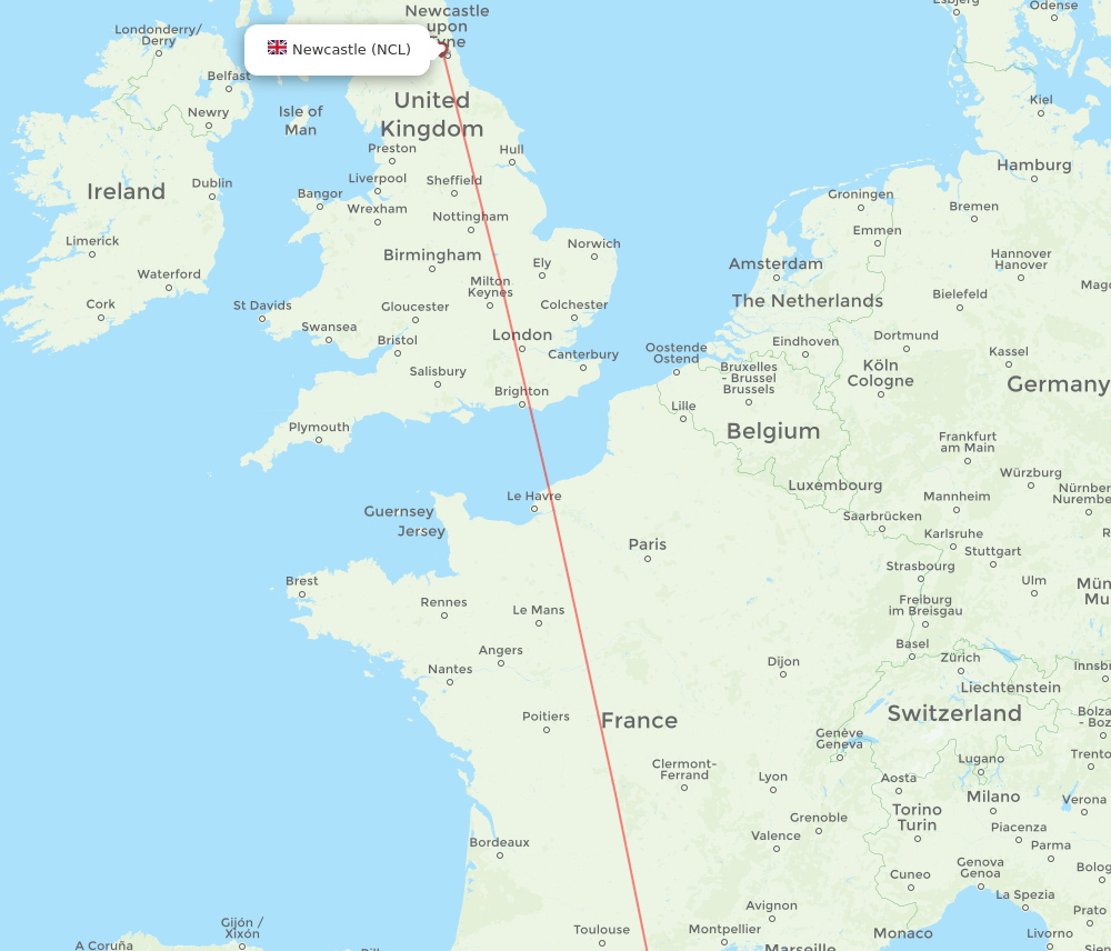 Girona - Newcastle route map and flight paths