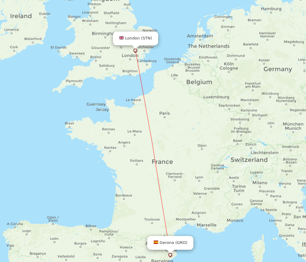 Girona - London route map and flight paths