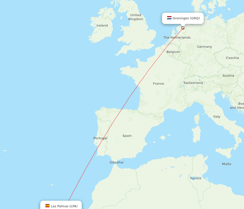 Groningen - Las Palmas route map and flight paths