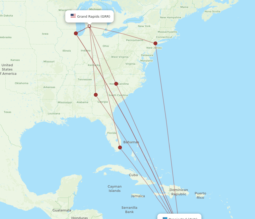 GRR-AUA flight routes