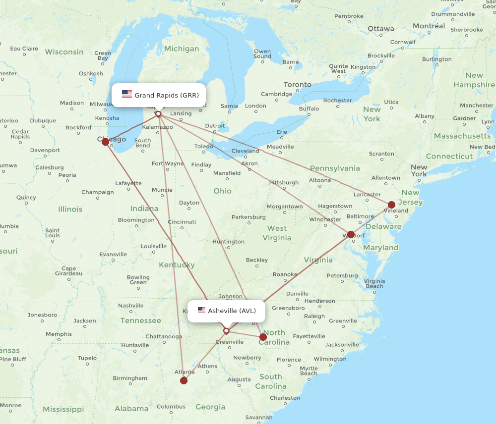 GRR to AVL flights and routes map