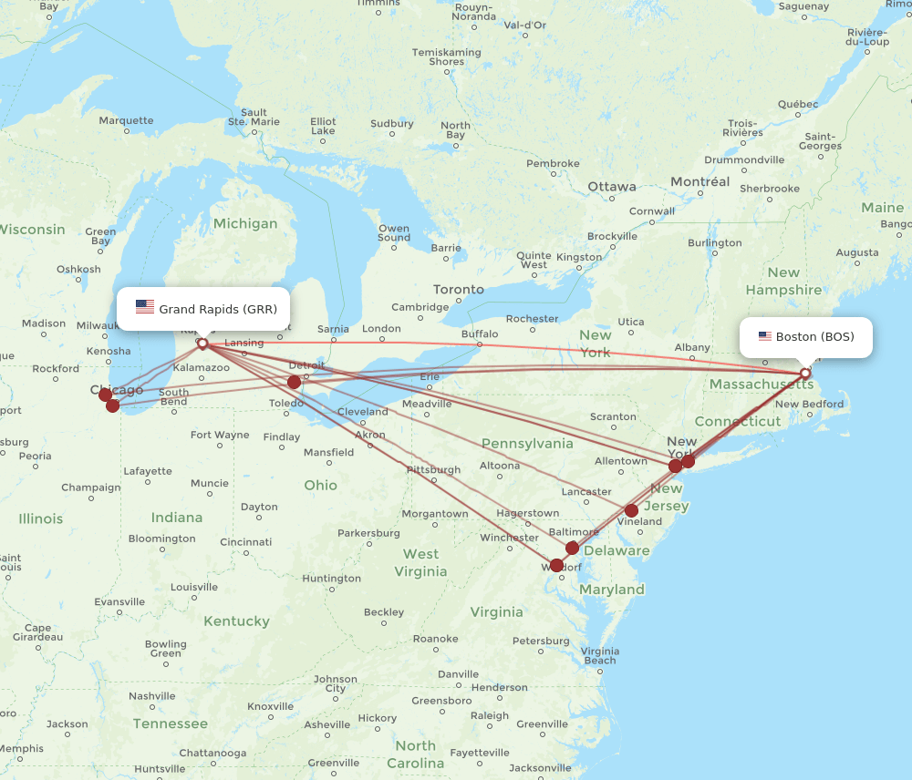 GRR-BOS flight routes