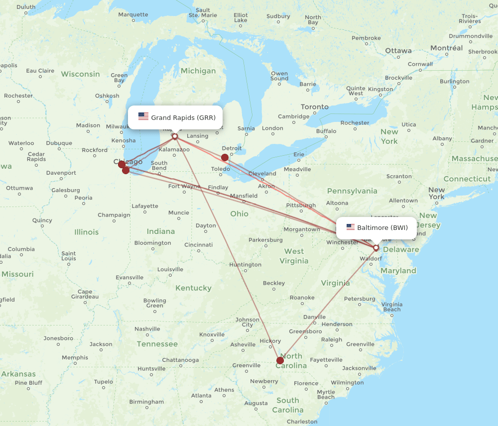 GRR-BWI flight routes