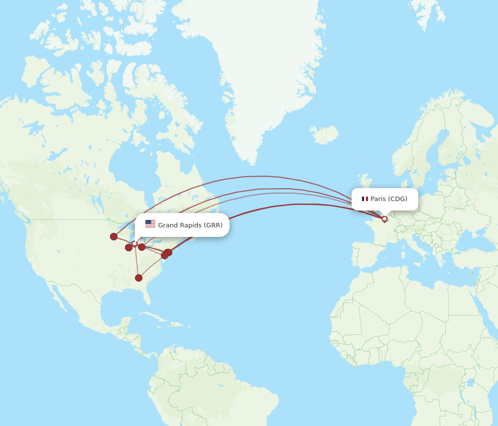 GRR to CDG flights and routes map