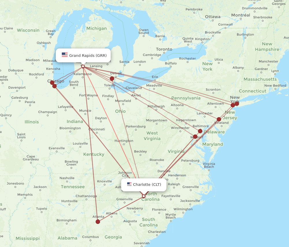 GRR to CLT flights and routes map