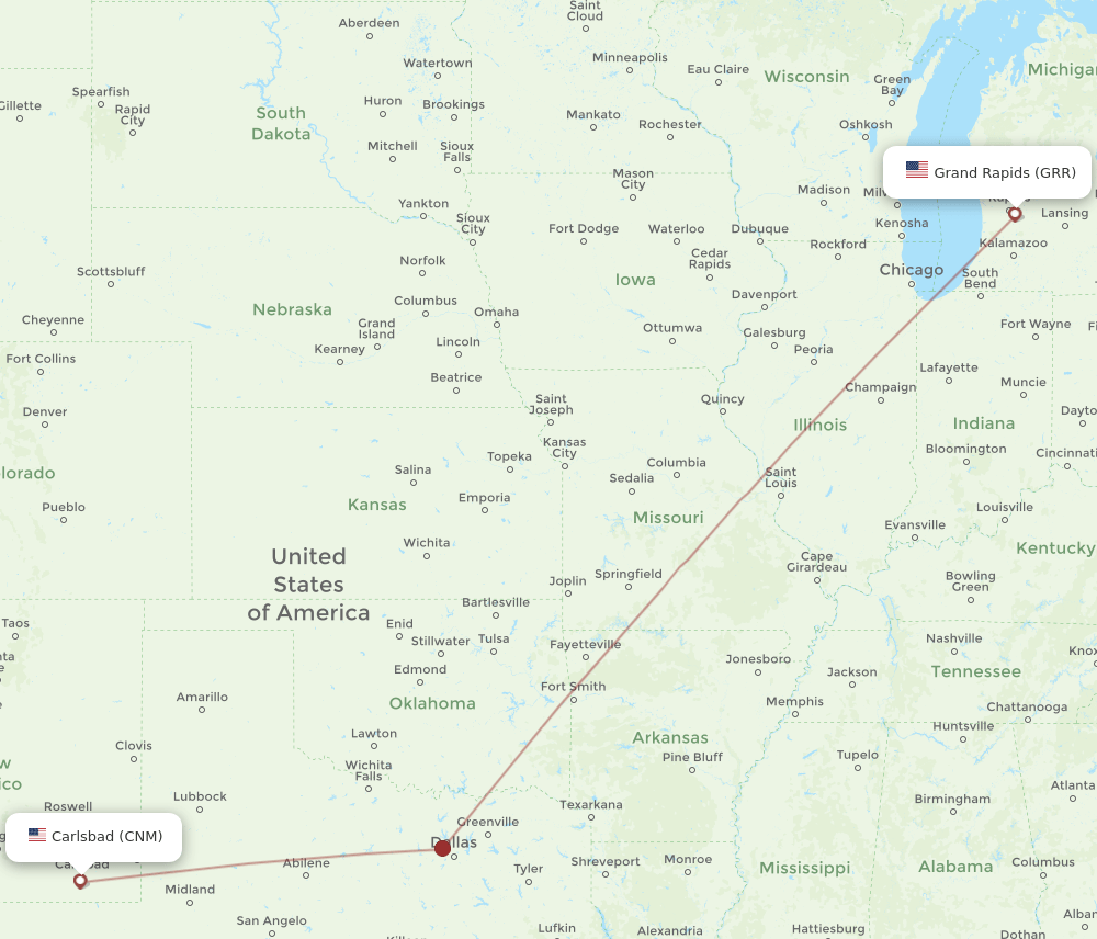 Carlsbad - Grand Rapids route map and flight paths
