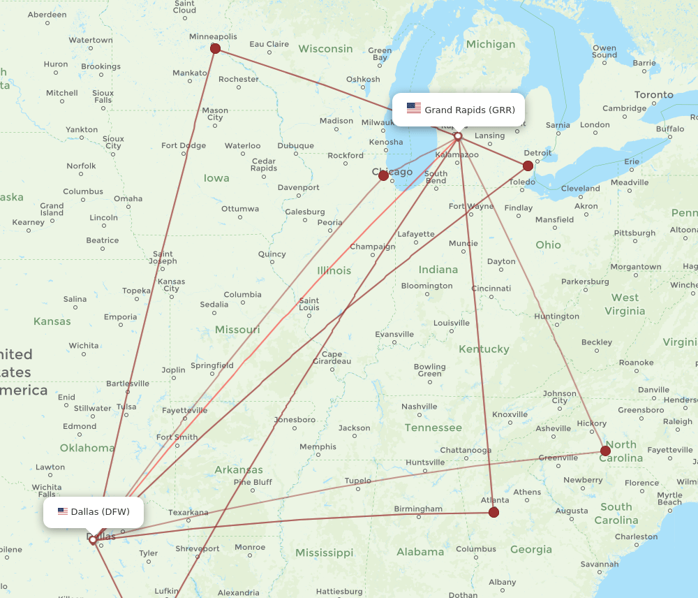 GRR-DFW flight routes