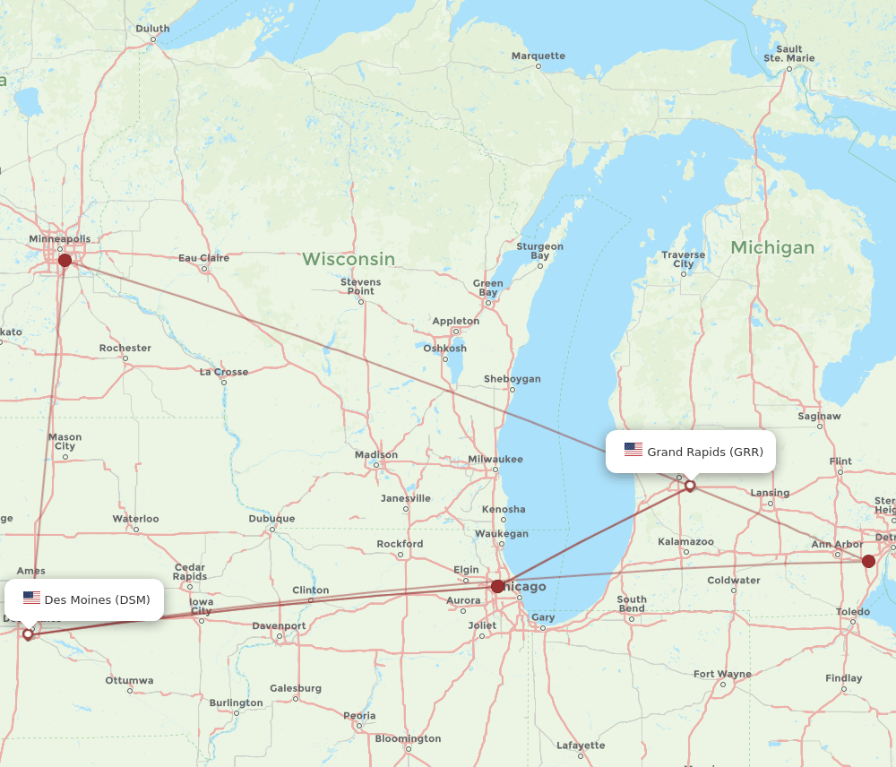 GRR to DSM flights and routes map