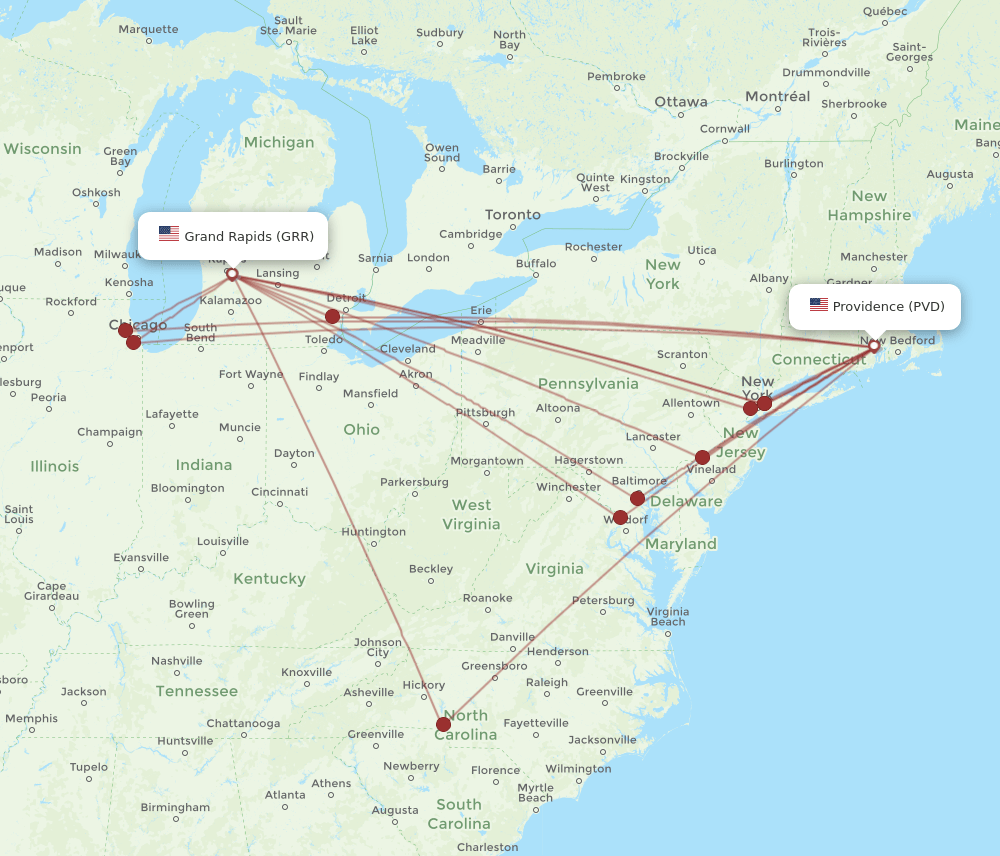 GRR to PVD flights and routes map