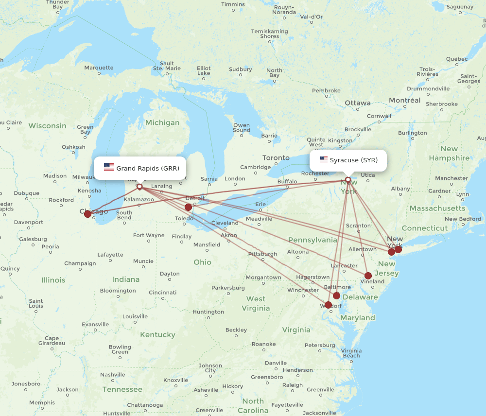 GRR-SYR flight routes