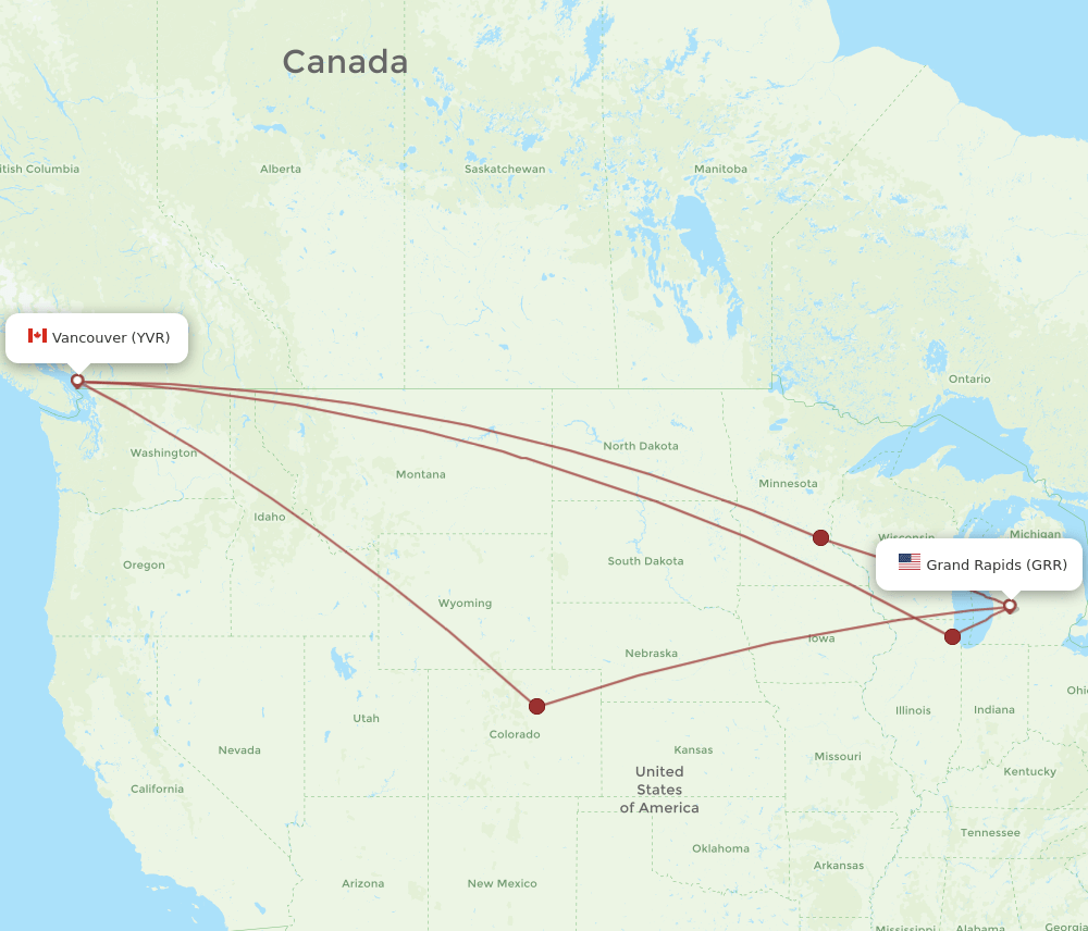 Vancouver - Grand Rapids route map and flight paths