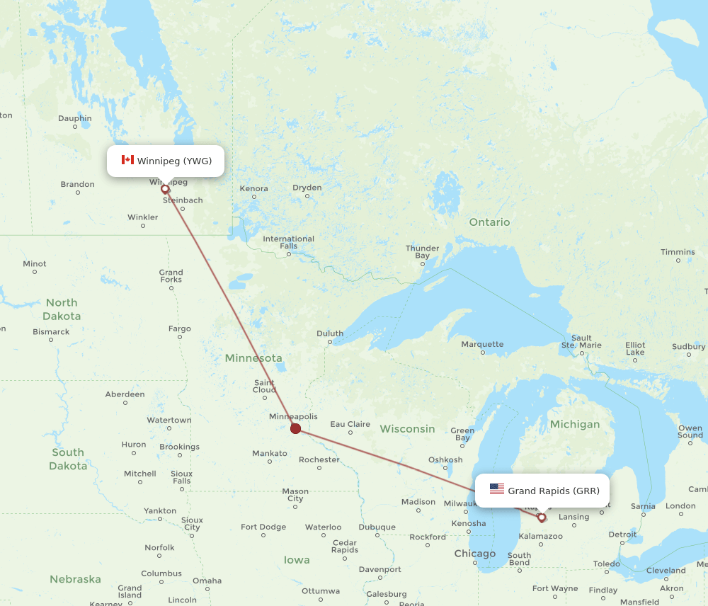 Winnipeg - Grand Rapids route map and flight paths