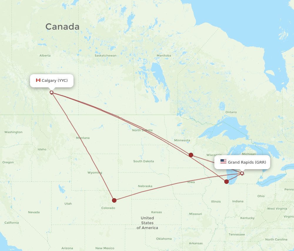 Calgary - Grand Rapids route map and flight paths