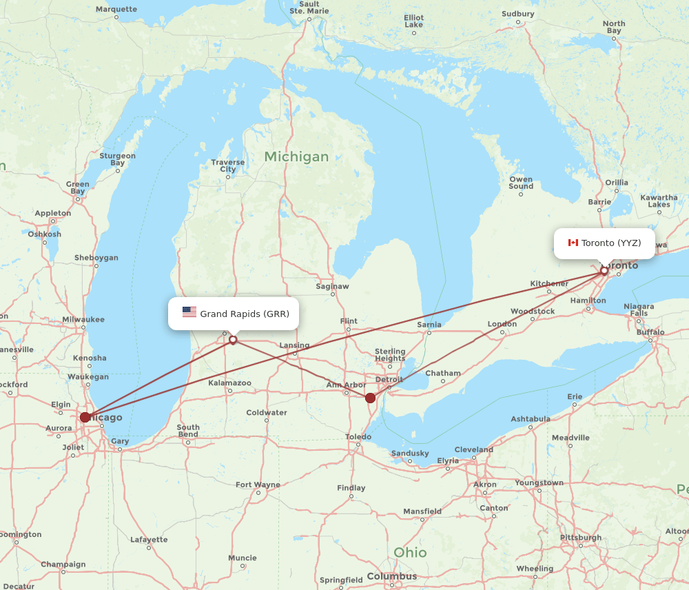 Toronto - Grand Rapids route map and flight paths