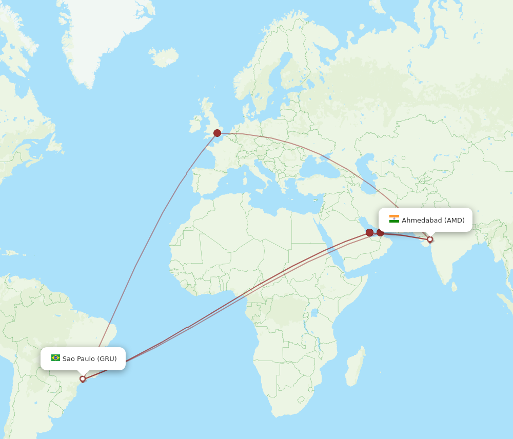 GRU to AMD flights and routes map
