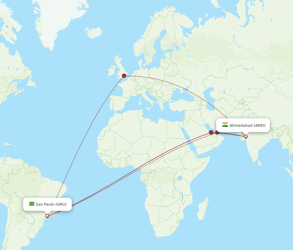 GRU to AMD flights and routes map