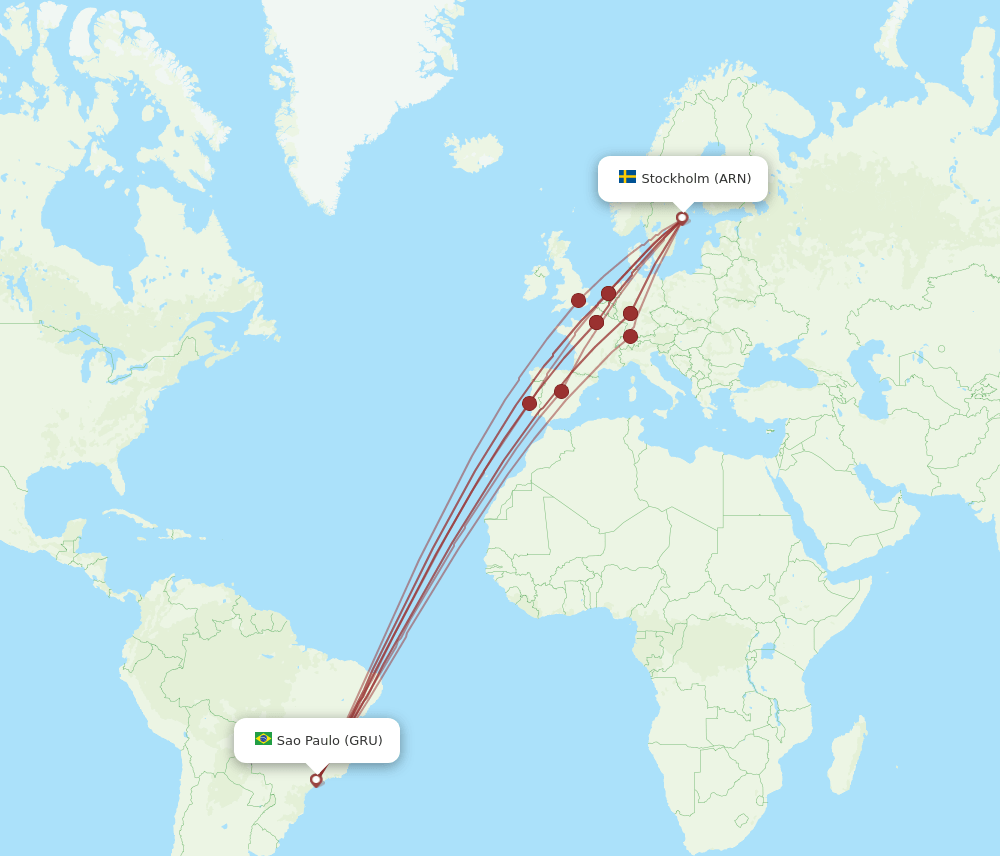 GRU to ARN flights and routes map