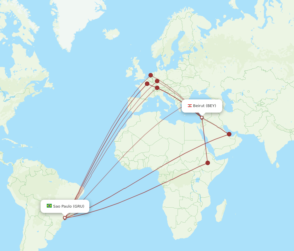 GRU to BEY flights and routes map
