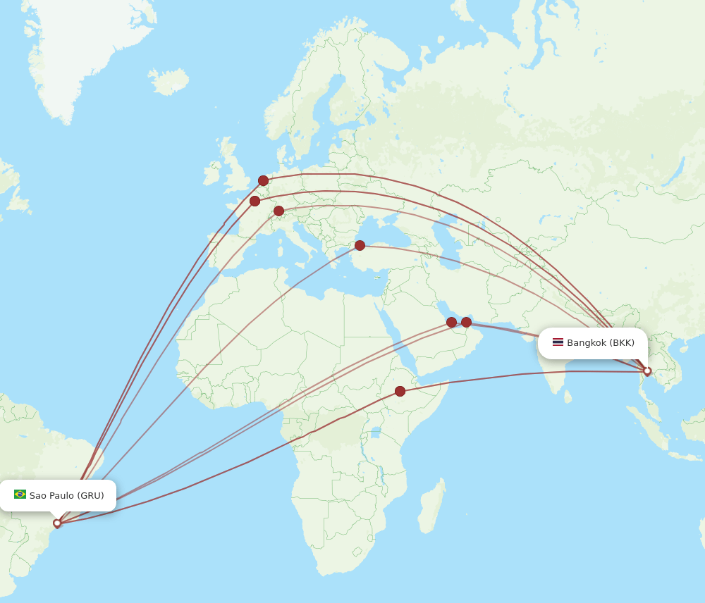 GRU to BKK flights and routes map