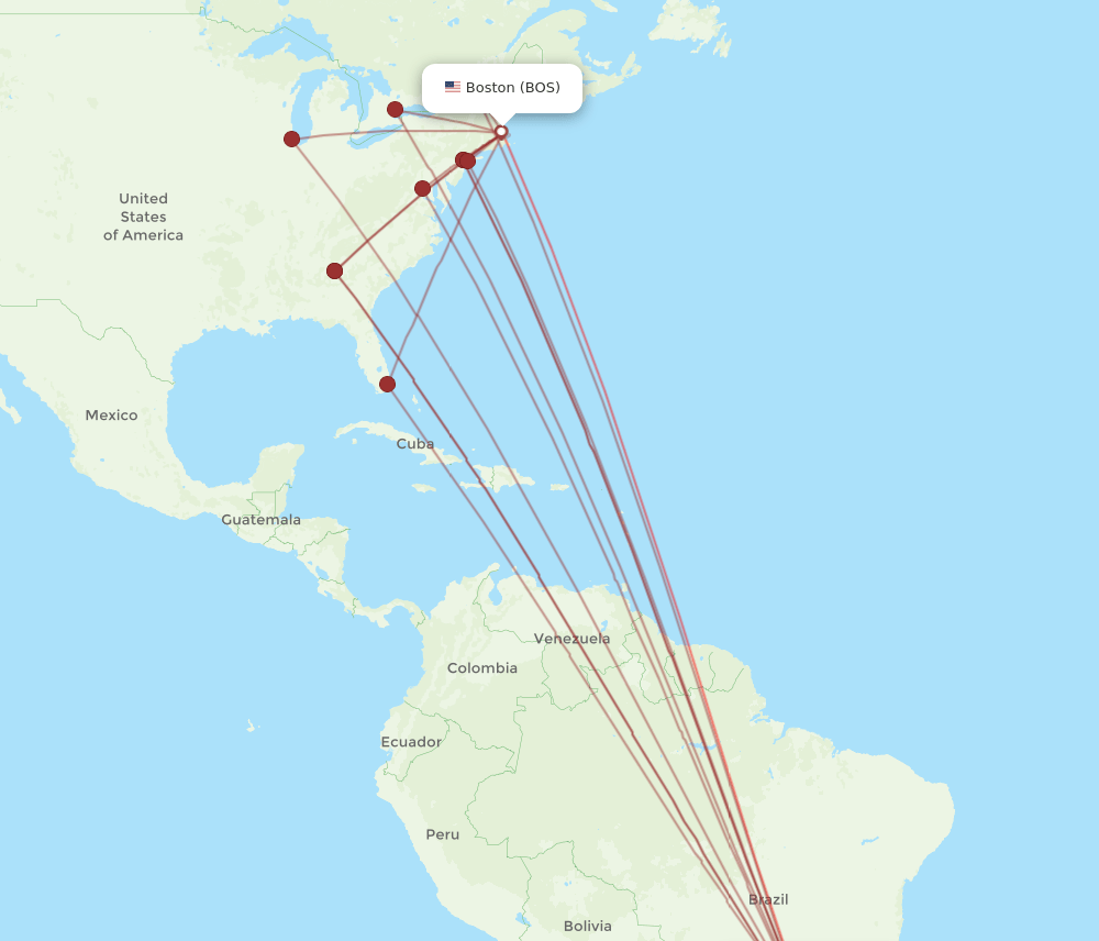 GRU to BOS flights and routes map