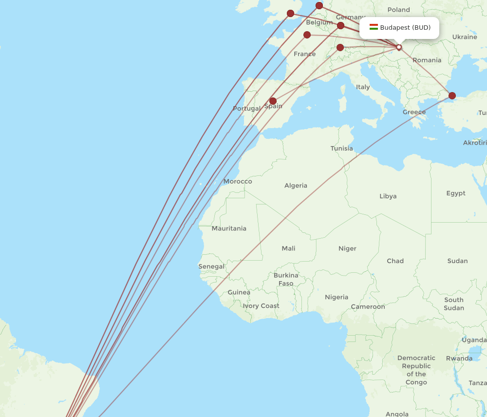 GRU to BUD flights and routes map