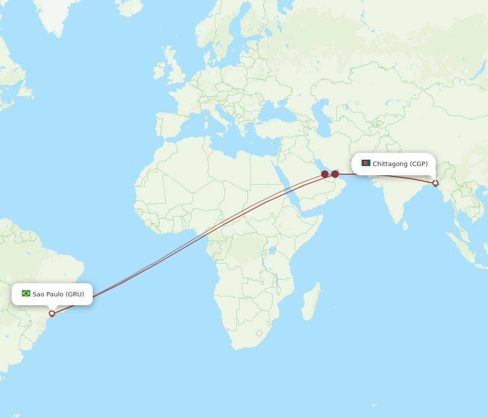 Chittagong - Sao Paulo route map and flight paths