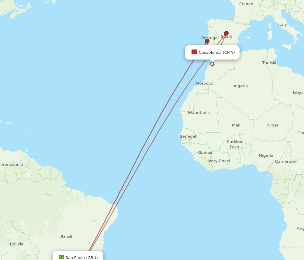 GRU to CMN flights and routes map
