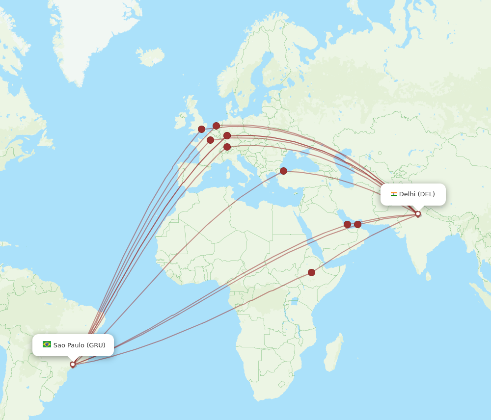 GRU to DEL flights and routes map