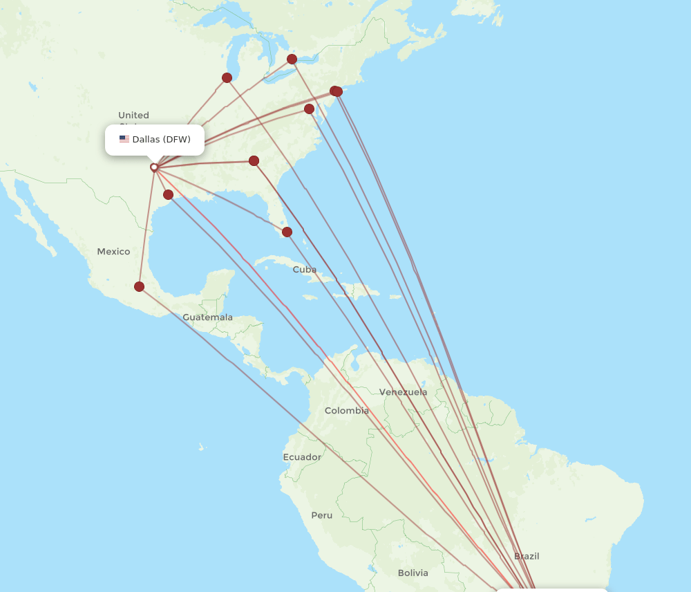 GRU to DFW flights and routes map