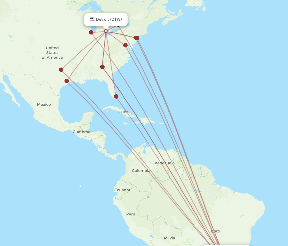 GRU to DTW flights and routes map