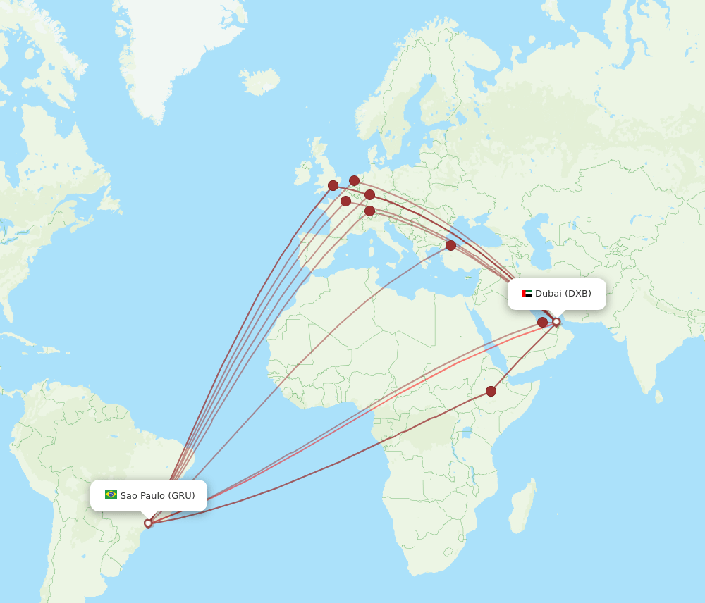 GRU to DXB flights and routes map
