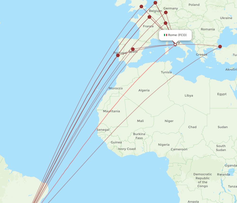 GRU to FCO flights and routes map