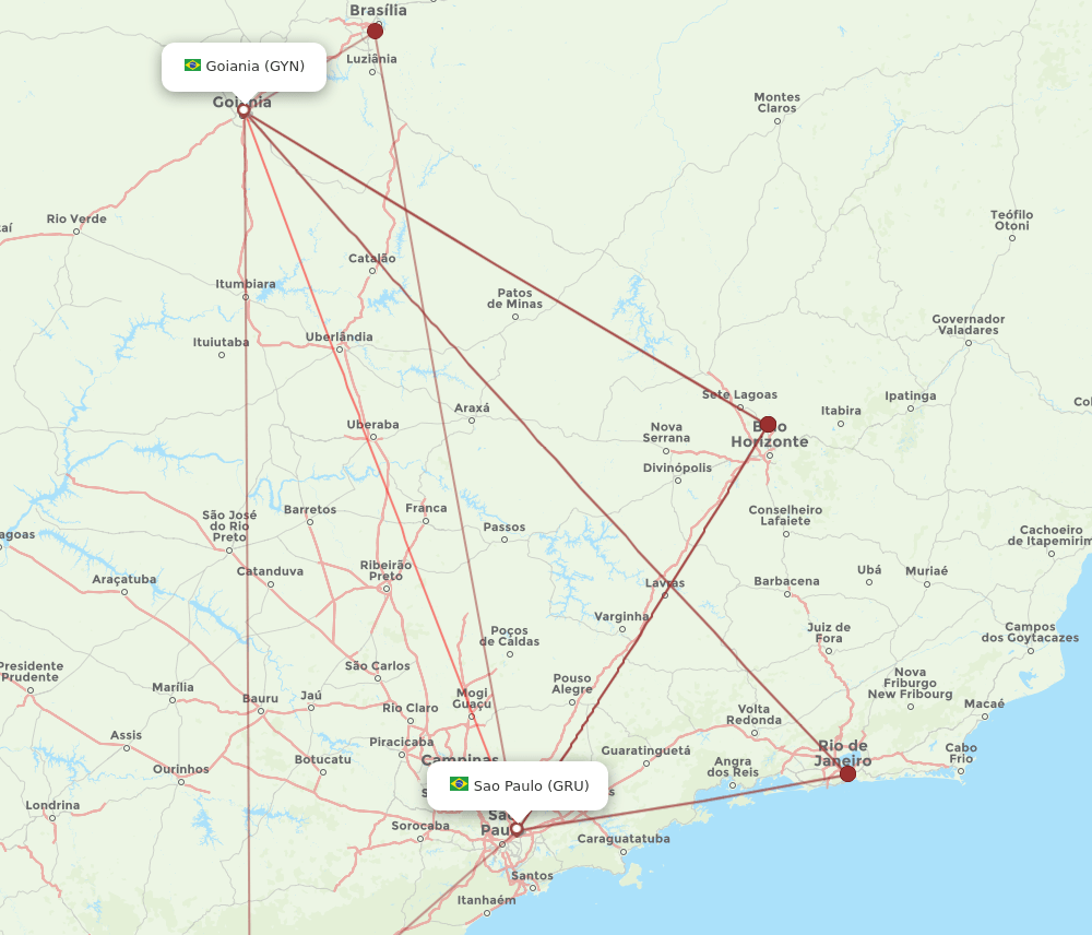 GRU to GYN flights and routes map