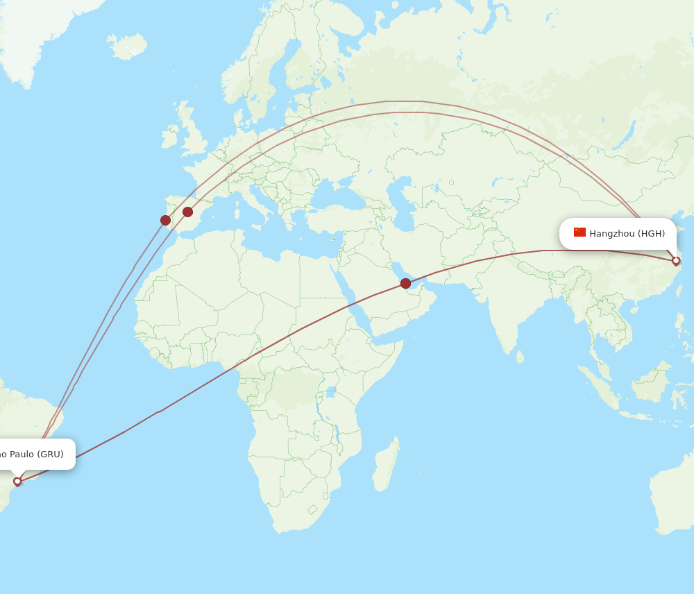 GRU to HGH flights and routes map