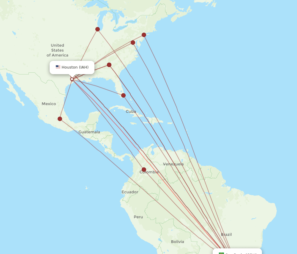 GRU to IAH flights and routes map