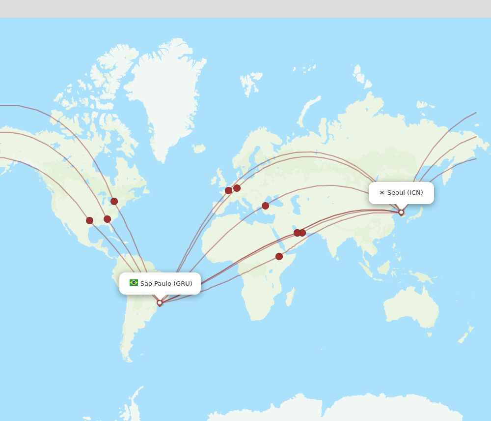 GRU to ICN flights and routes map