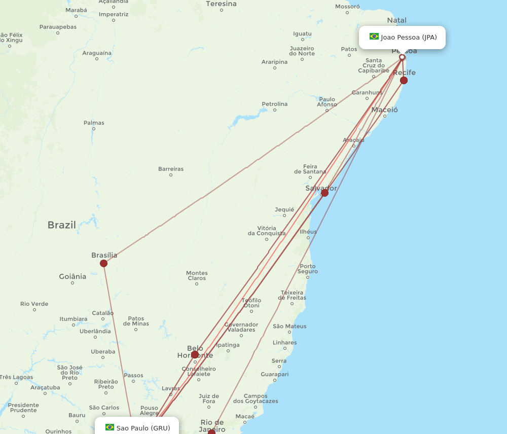 GRU to JPA flights and routes map